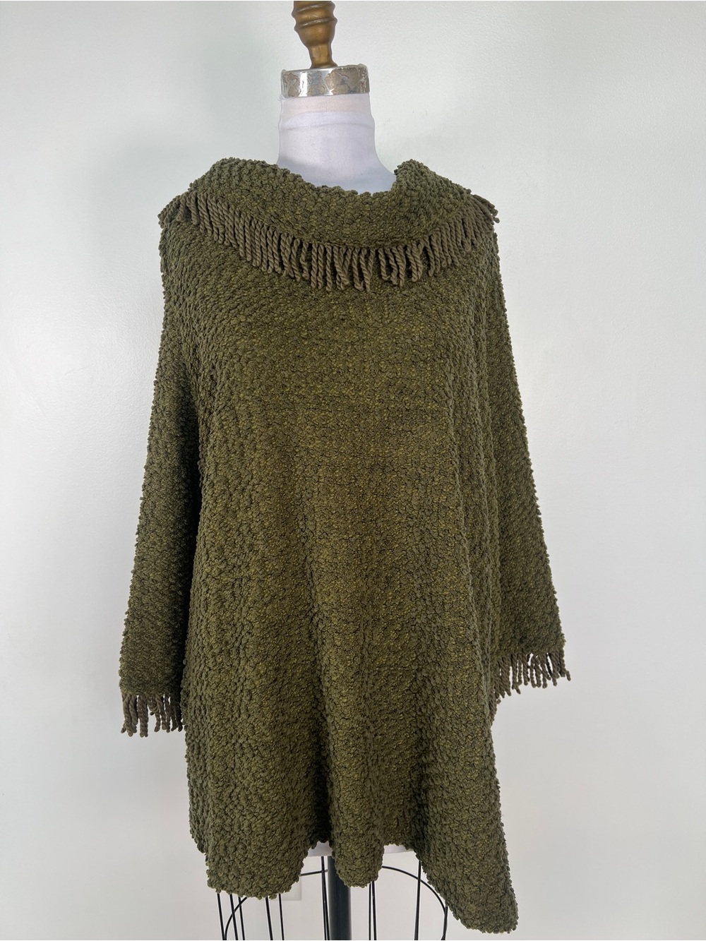 Ali Miles Olive Fringe-Trim Knit Poncho Sweater XL Like NEW!